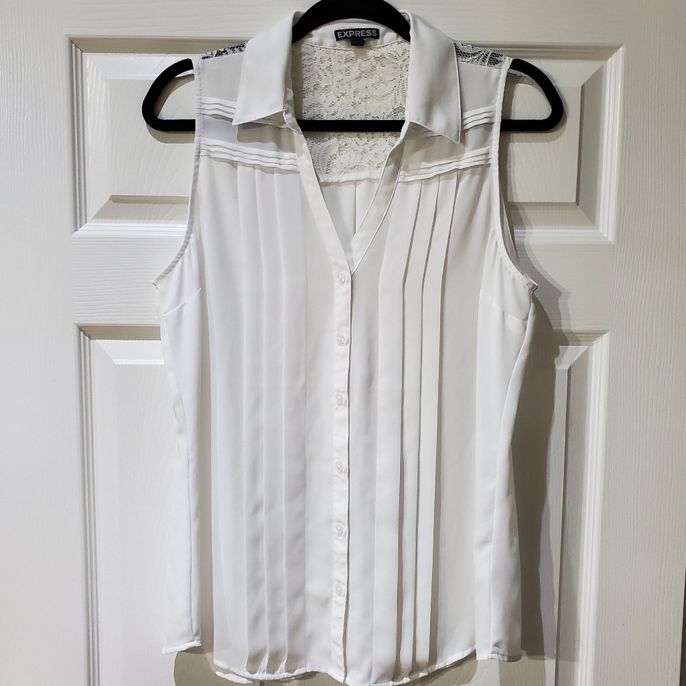 Express Button Down Sleeveless Blouse w/ Lace Shoulders and Pleated Acce…